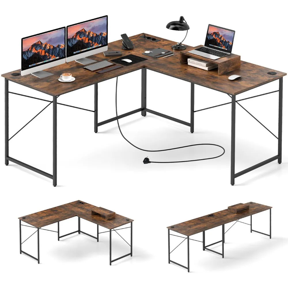 L-Shaped Computer Desk with Power Strip - Brown