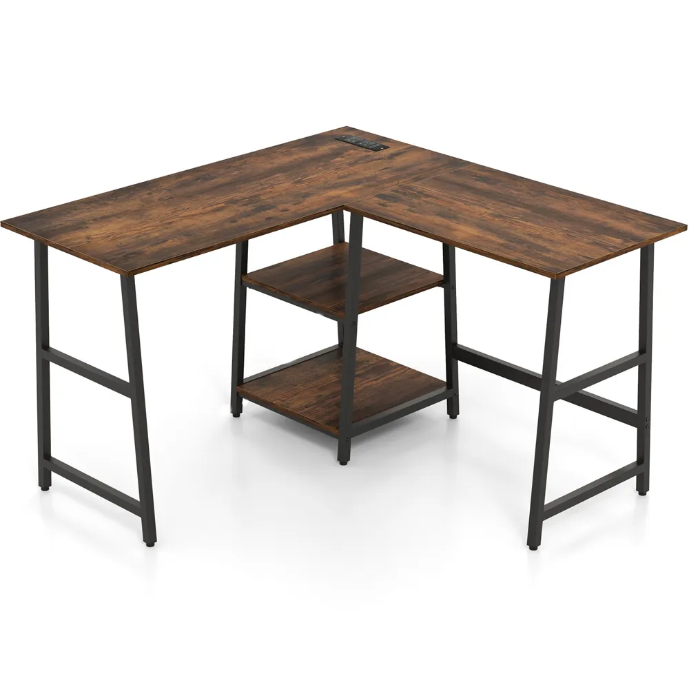 L-Shaped Computer Desk with USB Port - Brown