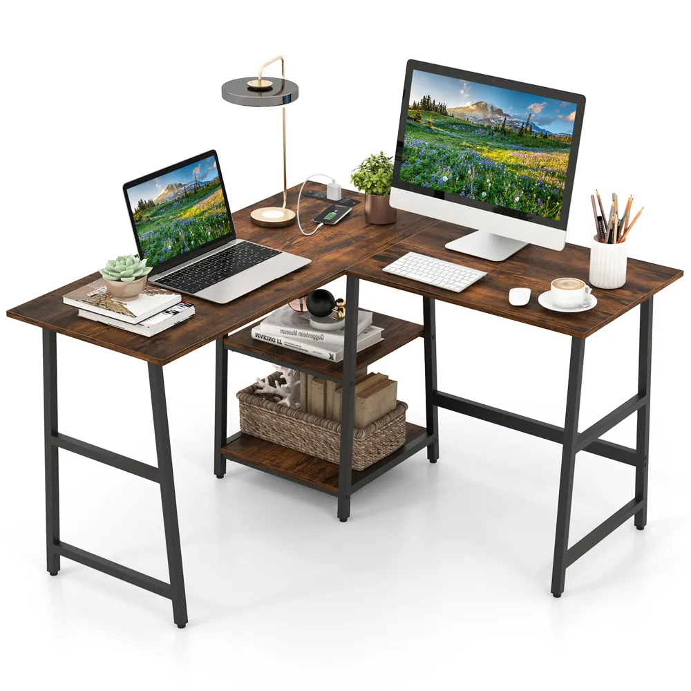 L-Shaped Computer Desk with USB Port - Brown