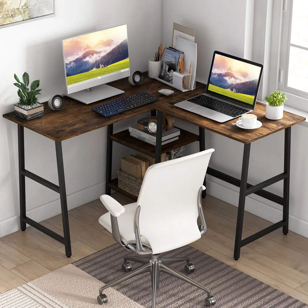 L-Shaped Computer Desk with USB Port - Brown