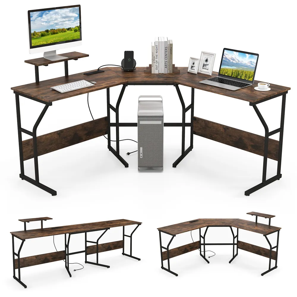 L-Shaped Corner Computer Desk - Rustic Brown