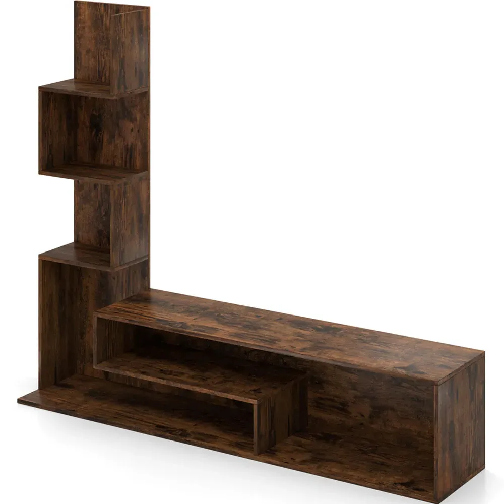 L-Shaped Media Console Table with Storage - Rustic Brown