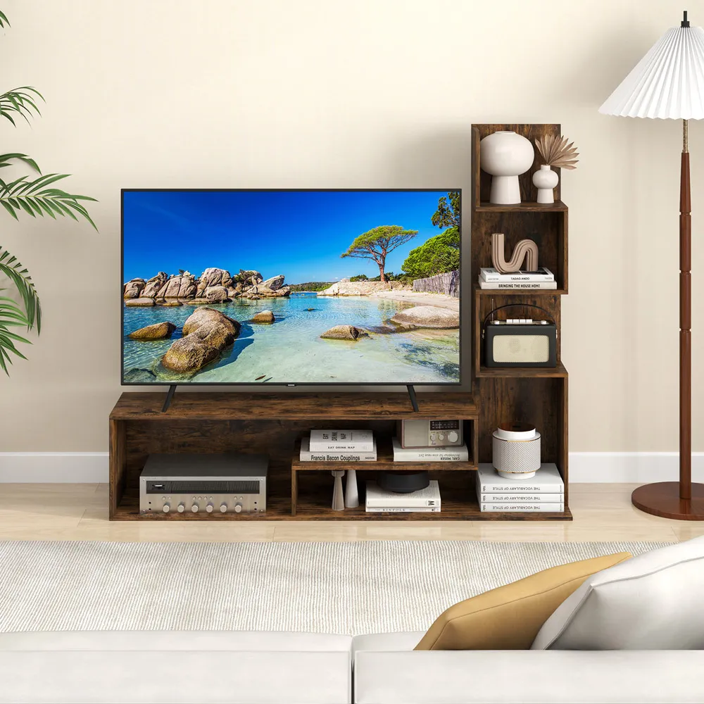 L-Shaped Media Console Table with Storage - Rustic Brown