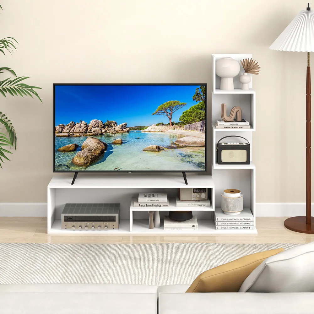 L-Shaped Media Console Table with Storage - White