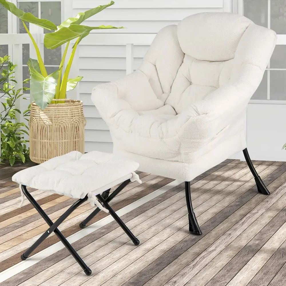 Lazy Chair with Ottoman - Beige, Sherpa image