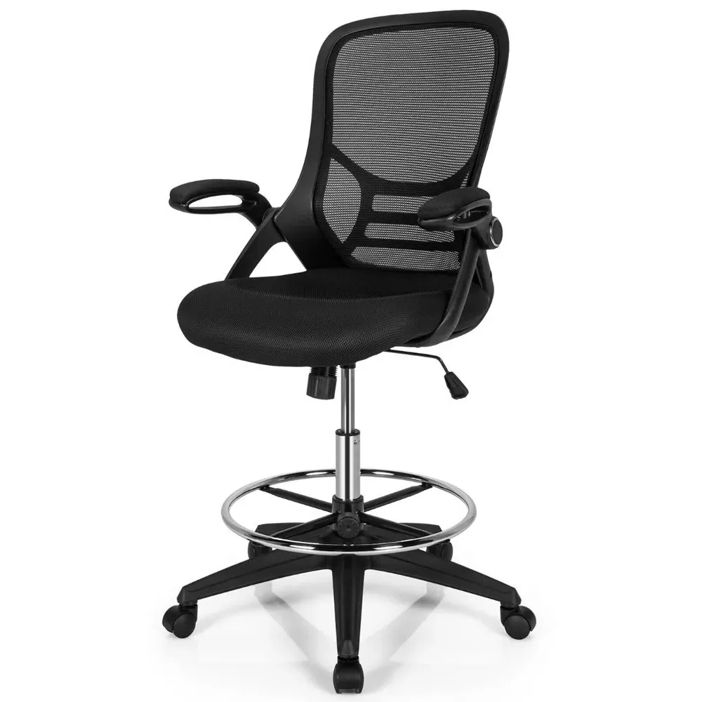 Mesh Drafting Chair with Flip-up Armrests - Black