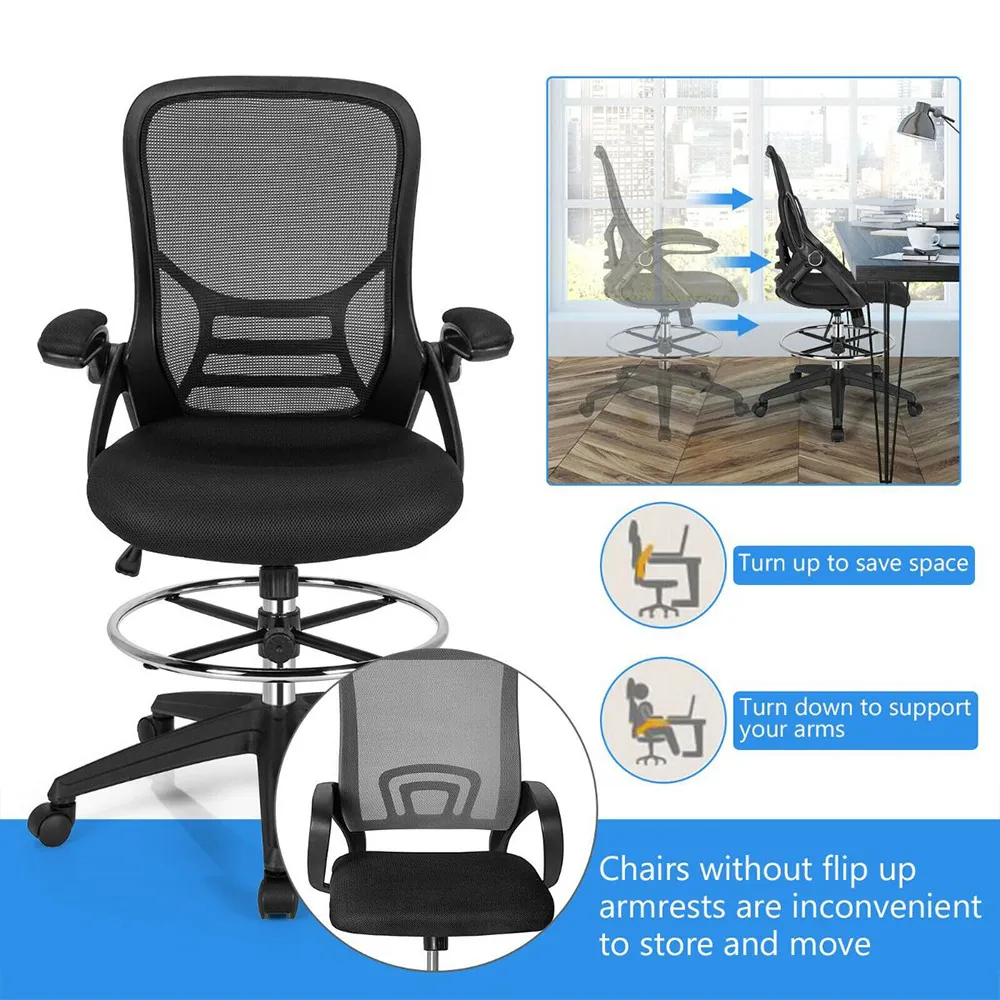 Mesh Drafting Chair with Flip-up Armrests - Black