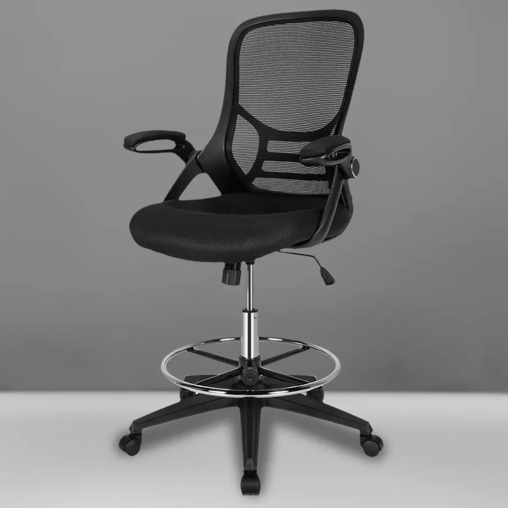 Mesh Drafting Chair with Flip-up Armrests - Black image