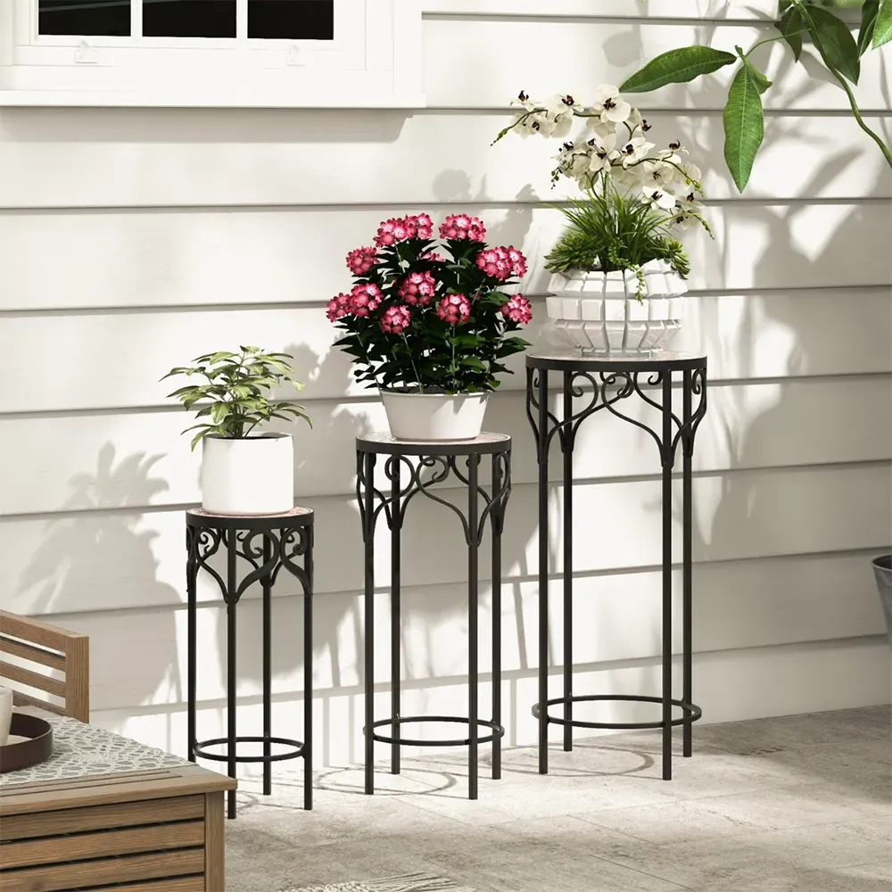 Metal Plant Stand with Ceramic Top Set of 3 - Multi