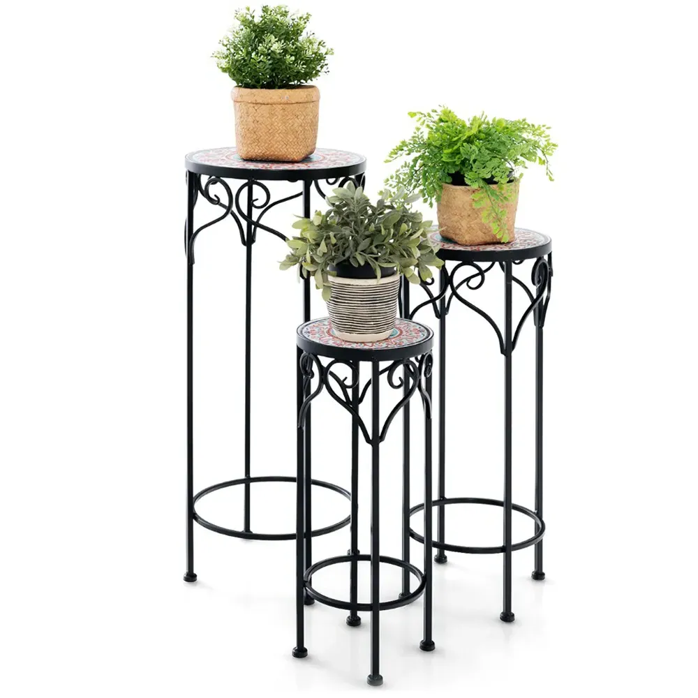 Metal Plant Stand with Ceramic Top Set of 3 - Multi