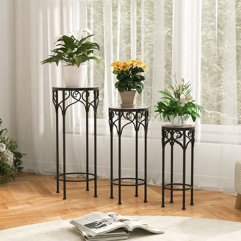 Metal Plant Stand with Ceramic Top Set of 3 - Multi