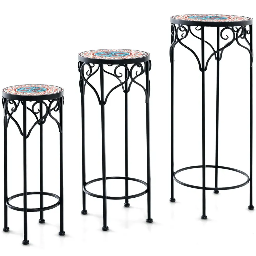 Metal Plant Stand with Ceramic Top Set of 3 - Multi
