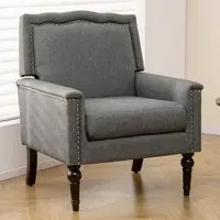 Mid Century Armchair with Thick Cushion - Grey, Linen