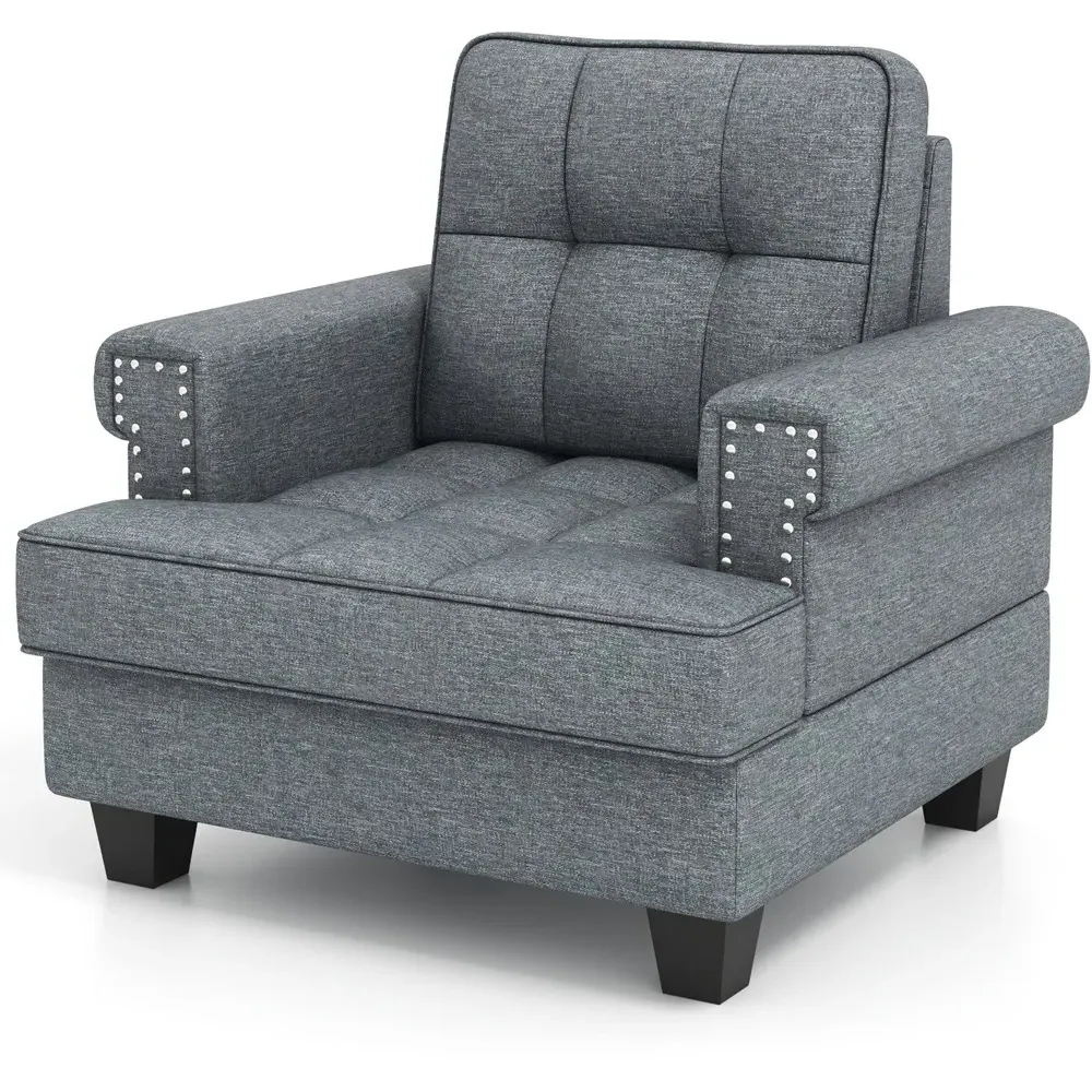 Mid Century Tufted Armchair with Pillow - Grey, Linen