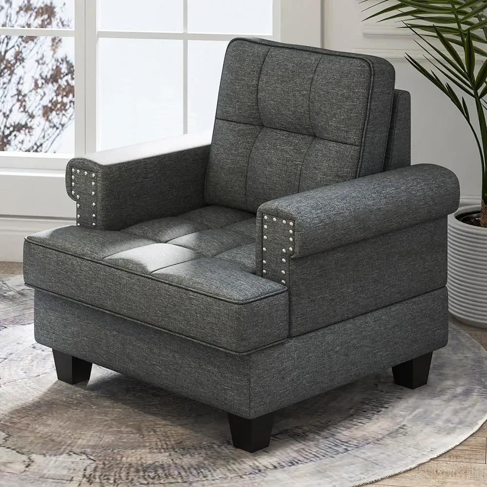 Mid Century Tufted Armchair with Pillow - Grey, Linen