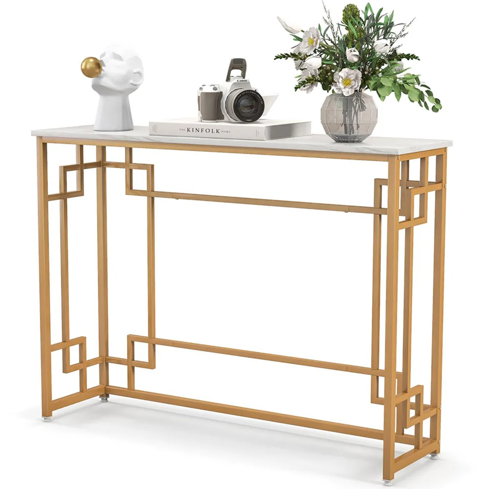 Narrow Console Table with Geometric Frame - White, Marble