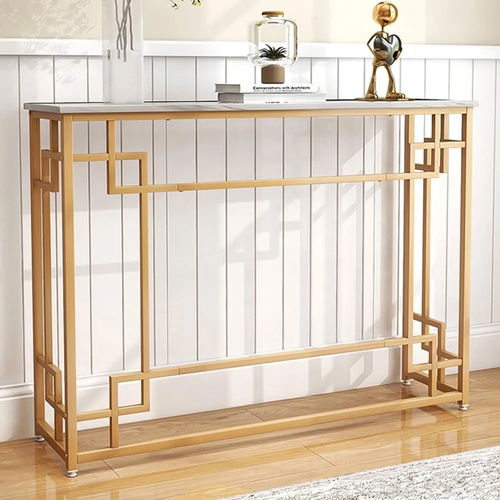 Narrow Console Table with Geometric Frame - White, Marble