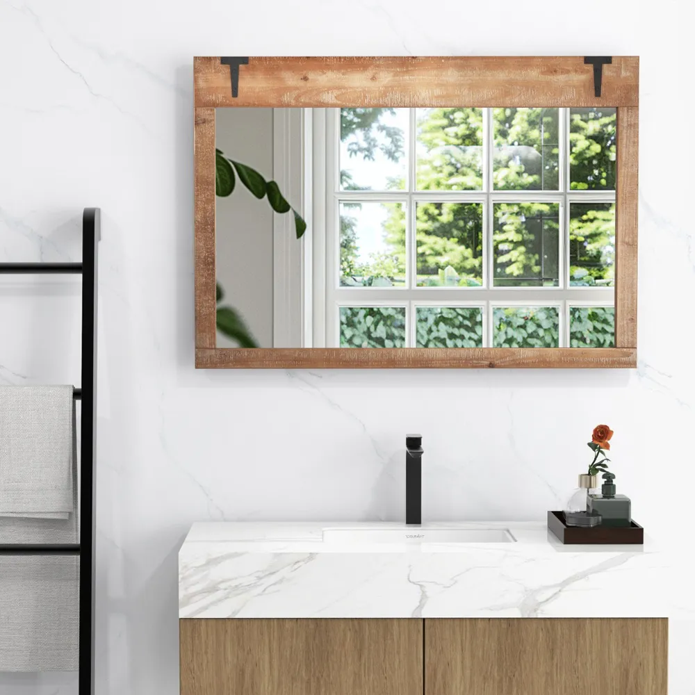 Natural Wood Frame Farmhouse Wall Mirror - Cream