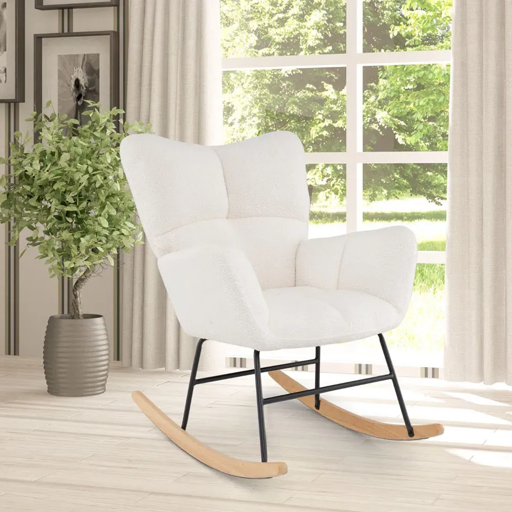 Nursery Rocking Chair with Backrest - Beige, Teddy Fleece
