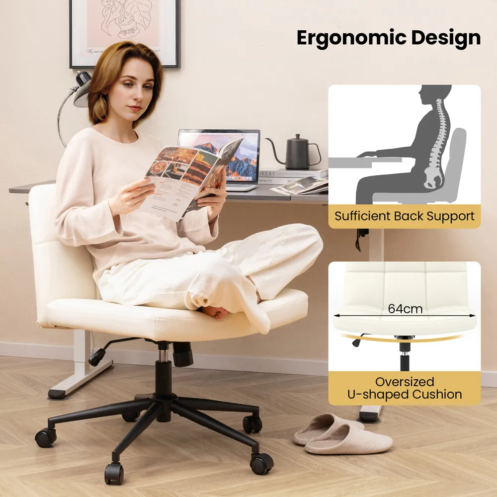 Office Chair with Height Adjustment - Cream, PU Leather