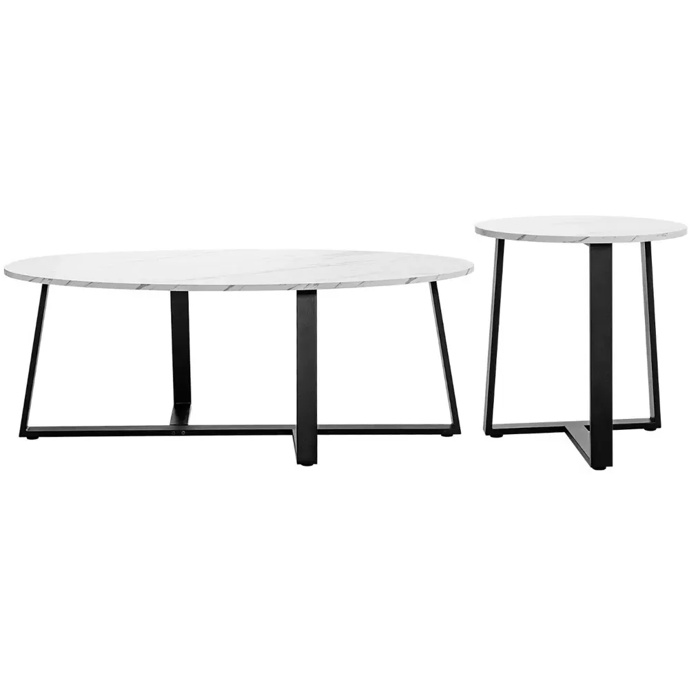 Oval and Round Coffee Table Set of 2 - White, Faux Marble