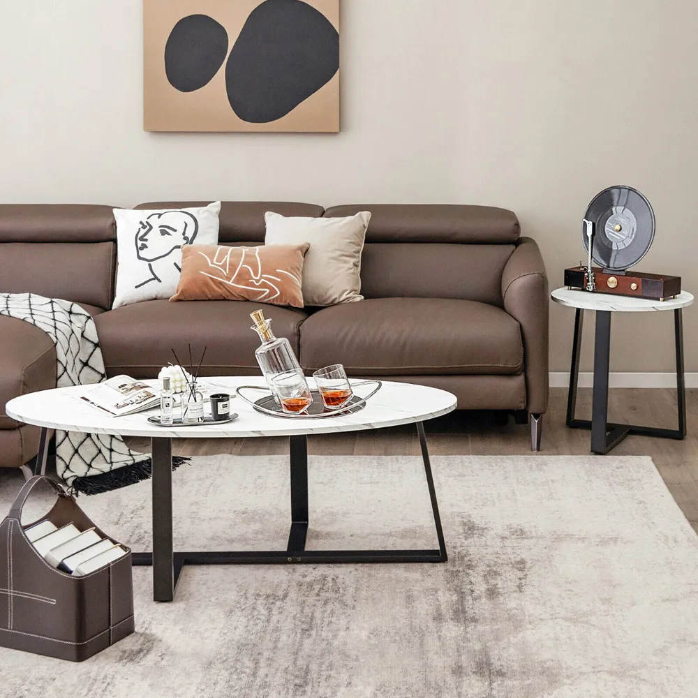 Oval and Round Coffee Table Set of 2 - White, Faux Marble