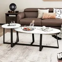 Oval and Round Coffee Table Set of 2 - White, Faux Marble
