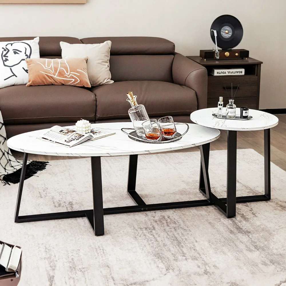 Oval and Round Coffee Table Set of 2 - White, Faux Marble