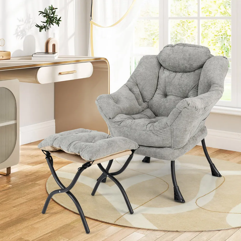 Oversized Lounge Chair with Footrest - Grey, Sherpa