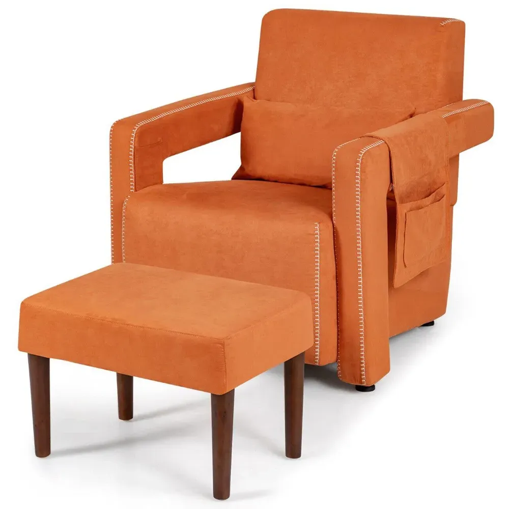 Padded Accent Chair with Footstool - Orange, Fabric