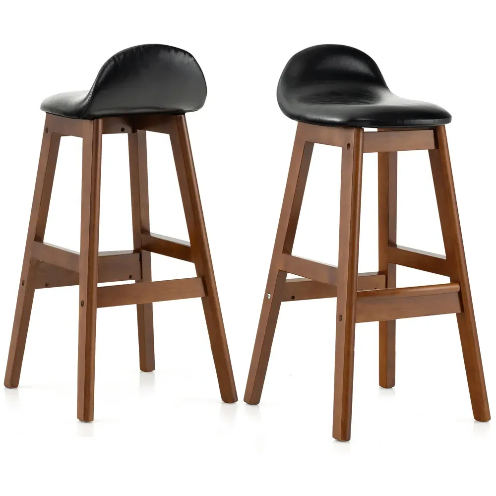 Padded Bar Stool Set of 2 with Backrest - Black, PU Leather