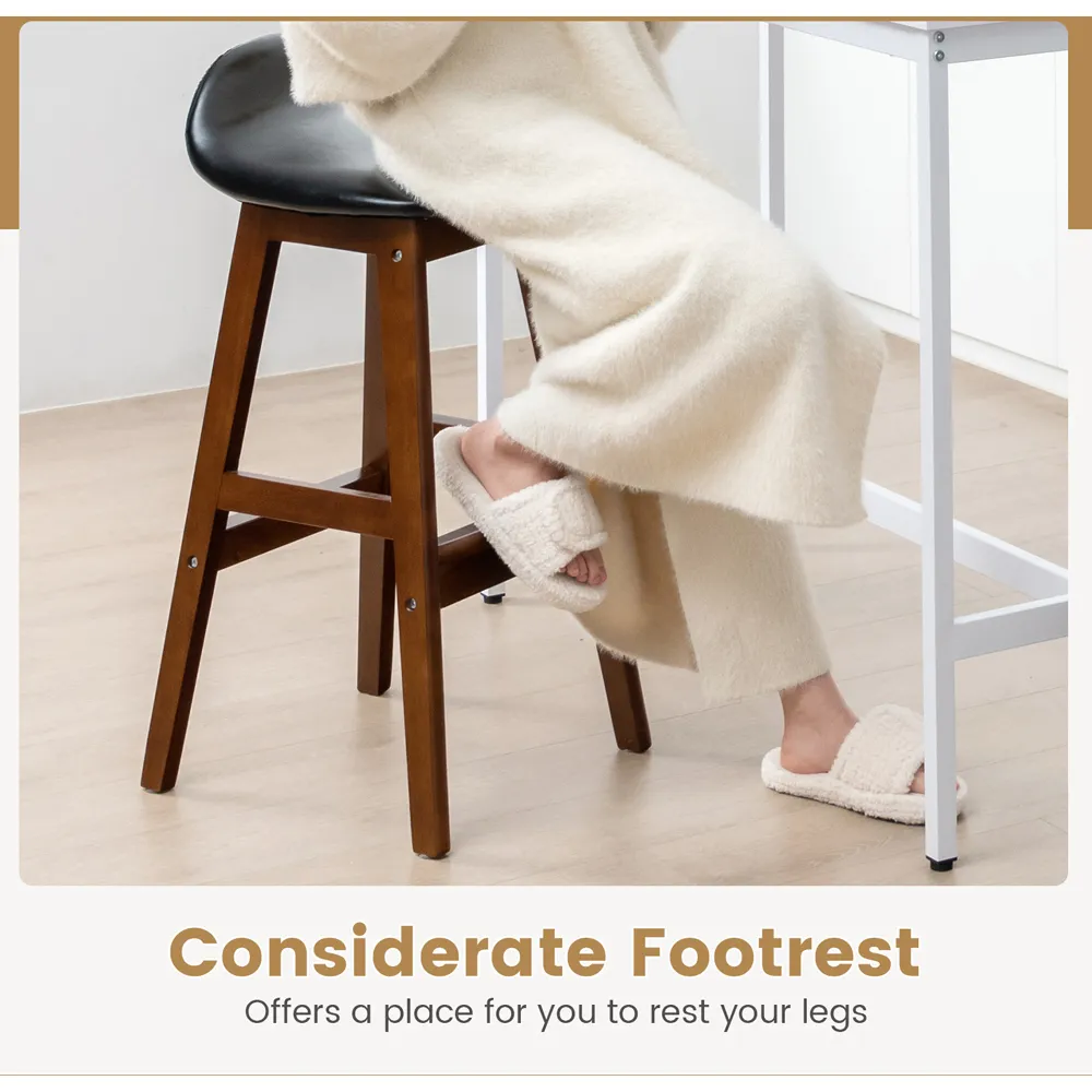 Padded Bar Stool Set of 2 with Backrest - Black, PU Leather