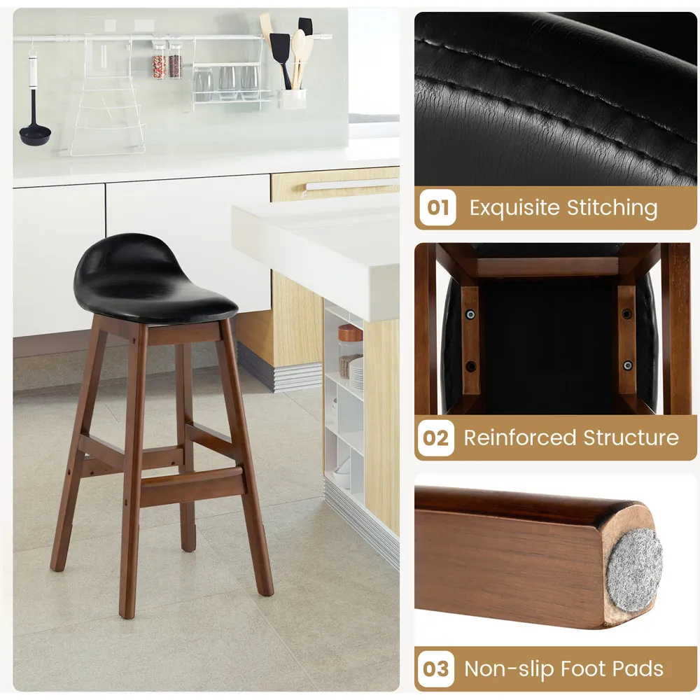 Padded Bar Stool Set of 2 with Backrest - Black, PU Leather