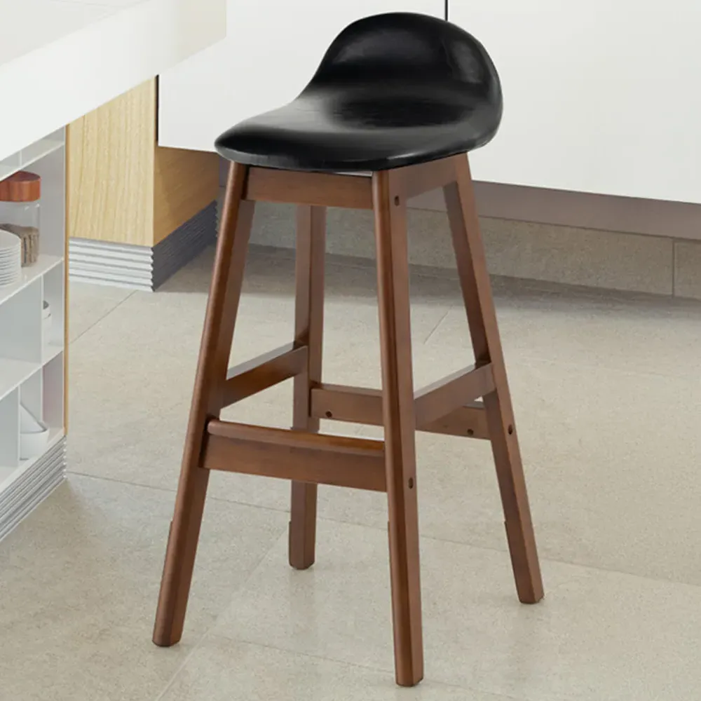 Padded Bar Stool Set of 2 with Backrest - Black, PU Leather