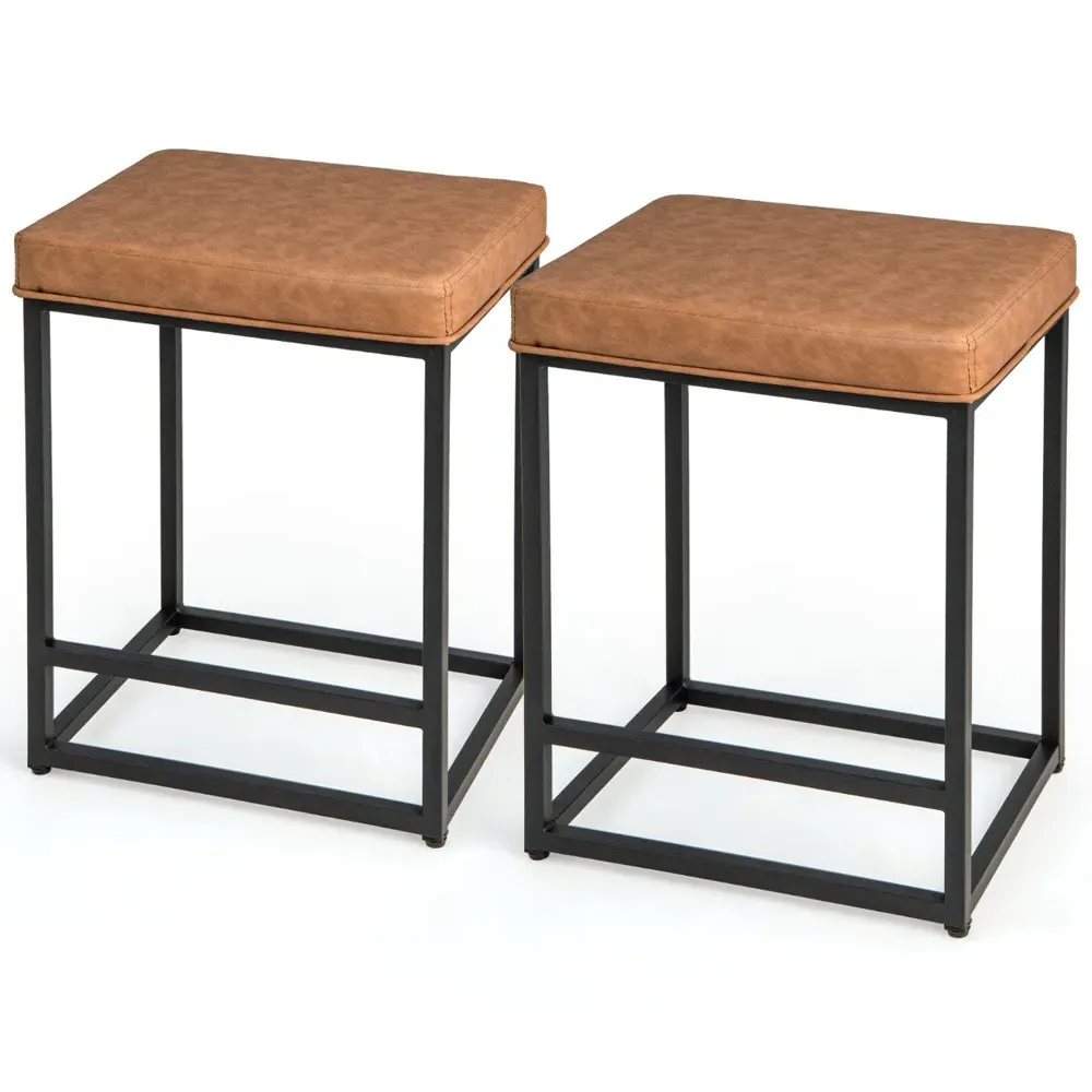PVC Leather Bar Stool Set of 2 - Brown, Metal