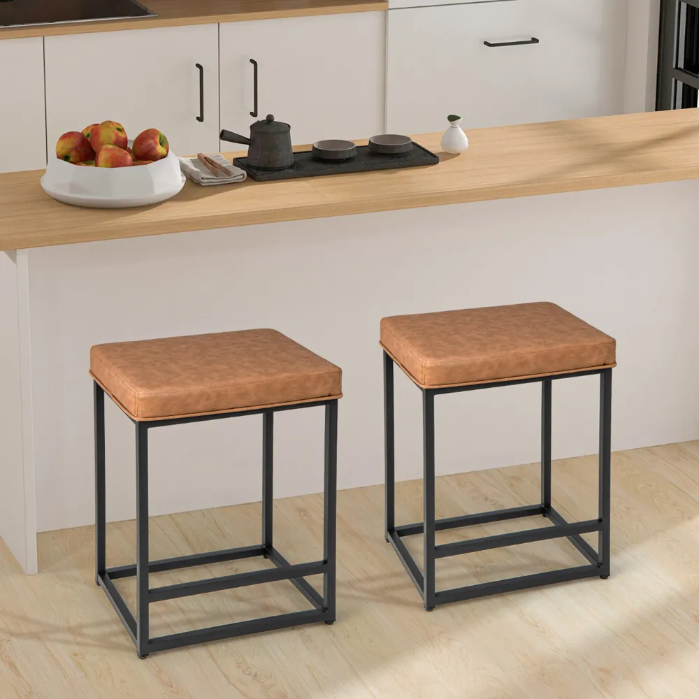 PVC Leather Bar Stool Set of 2 - Brown, Metal