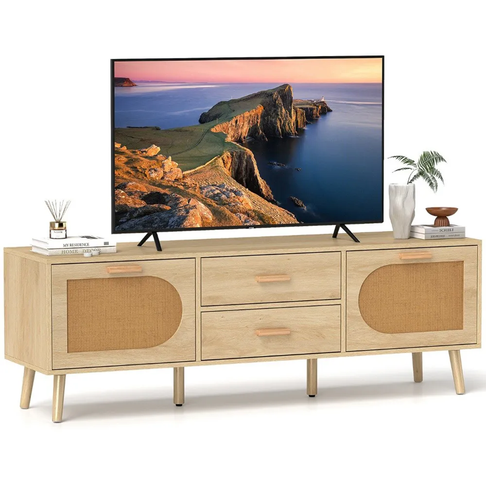 Rattan TV Stand with Solid Wood Legs - Natural