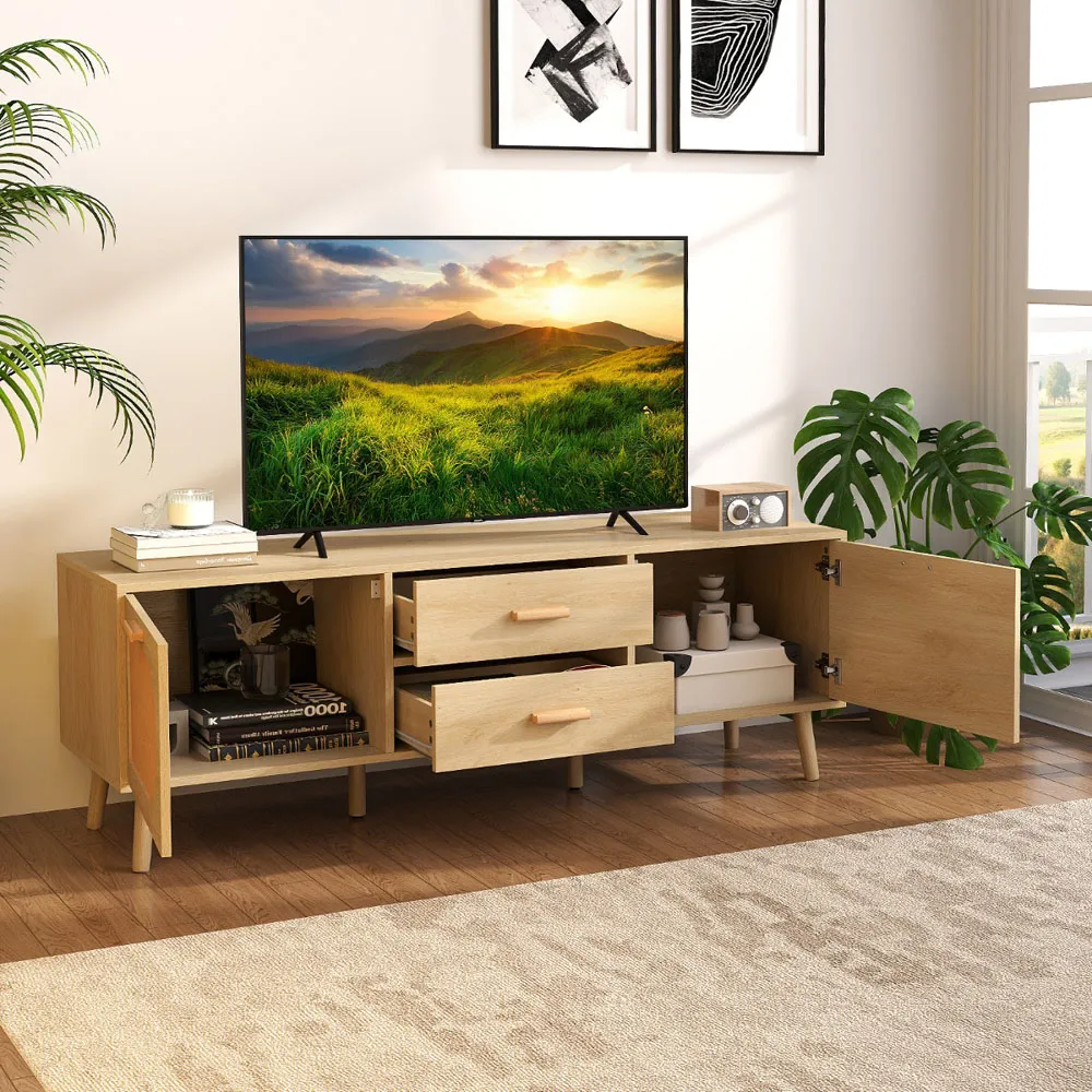 Rattan TV Stand with Solid Wood Legs - Natural