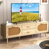 Rattan TV Stand with Solid Wood Legs - Natural