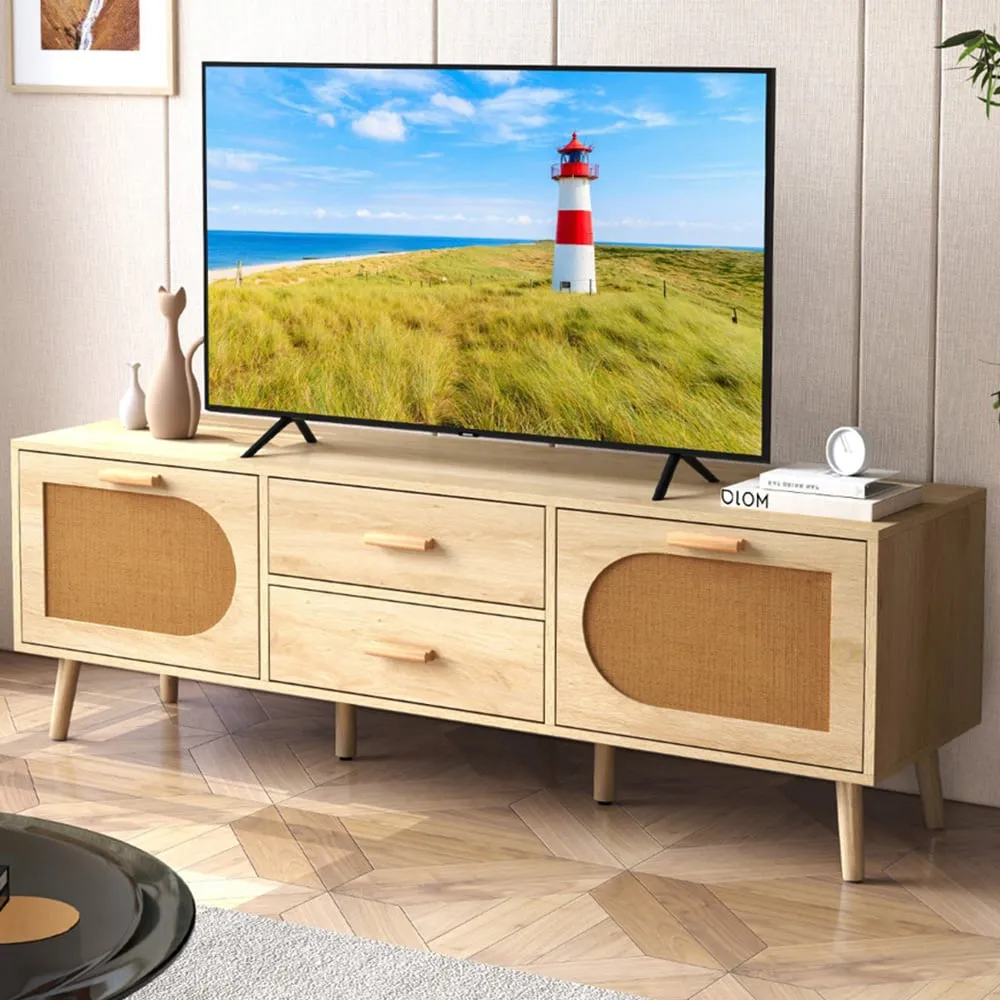 Rattan TV Stand with Solid Wood Legs - Natural image