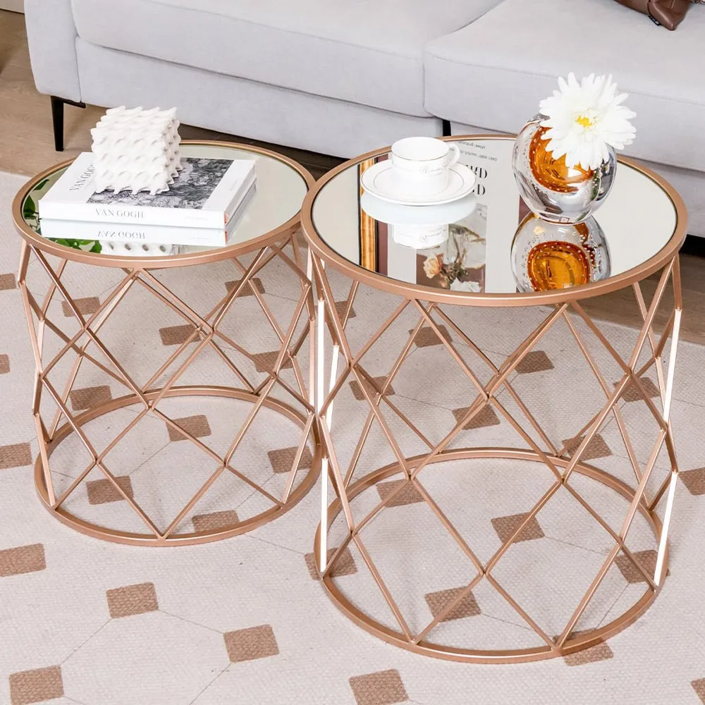 Rose Gold Mirrored Top Nest of Tables Set of 2 - Pink