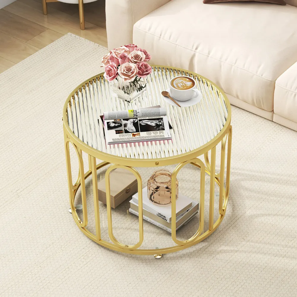Round Coffee Table with Storage - Gold, Tempered Glass