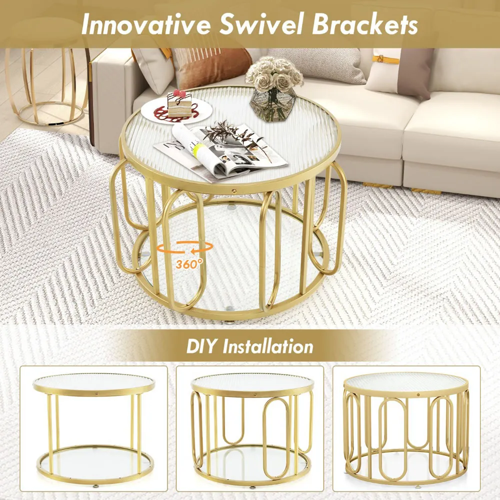 Round Coffee Table with Storage - Gold, Tempered Glass