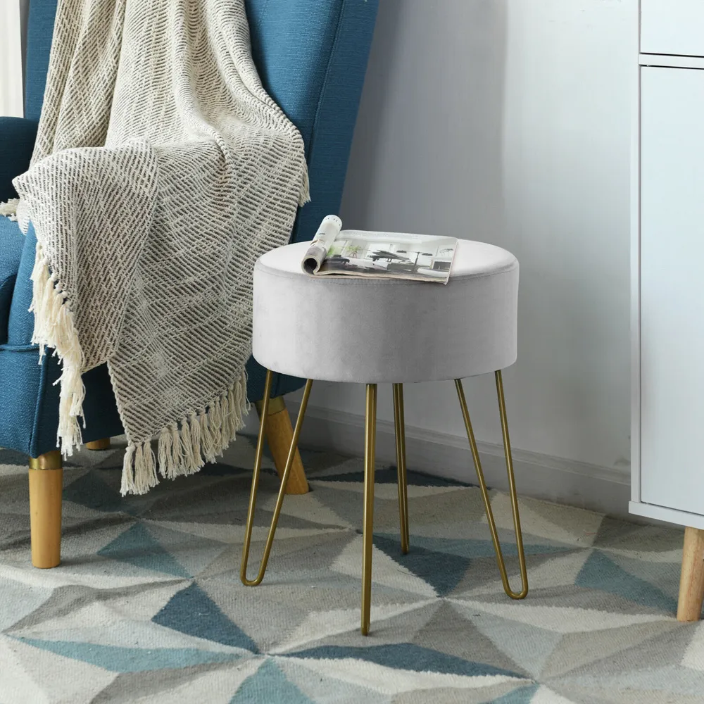 Round Footstool - Grey, Velvet