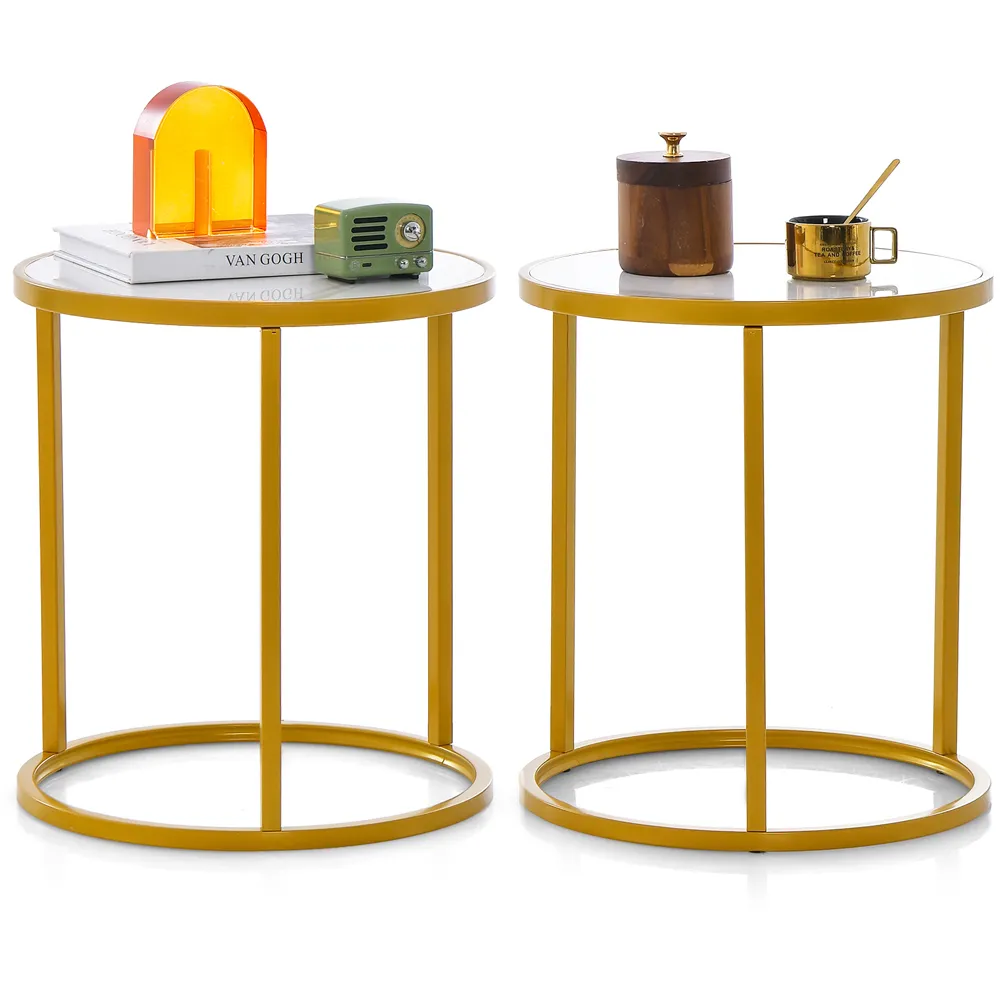 Round Side Table Set of 2 - Gold, Marble