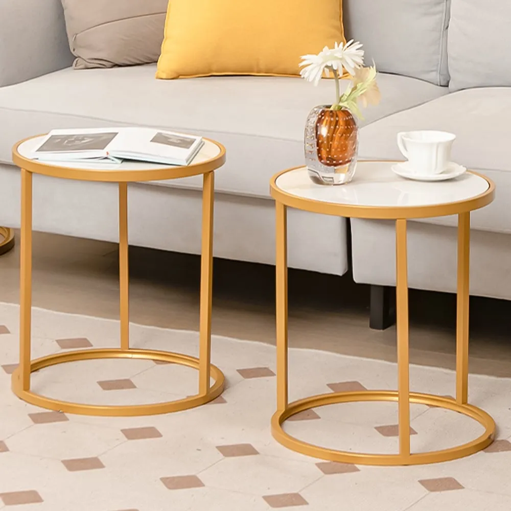 Round Side Table Set of 2 - Gold, Marble