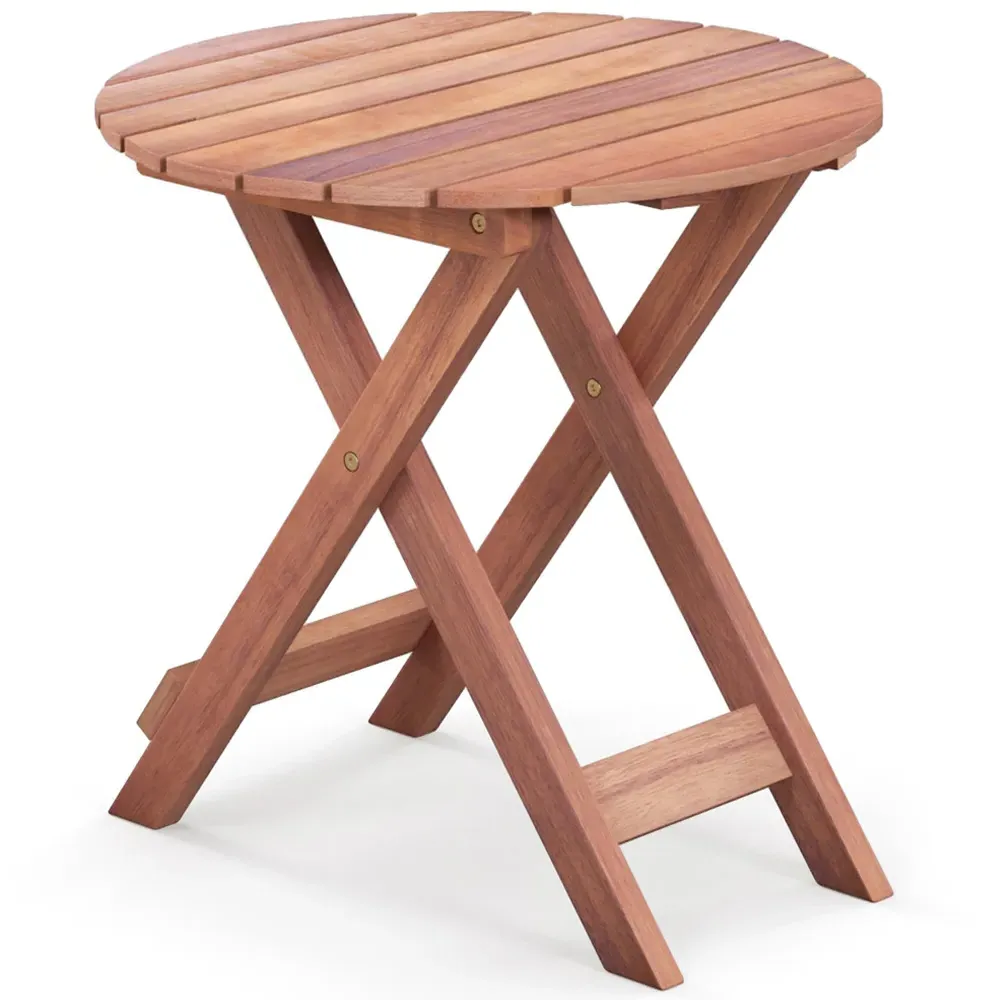 Round Slatted Top Folding Side Table - Cream, Acacia Wood