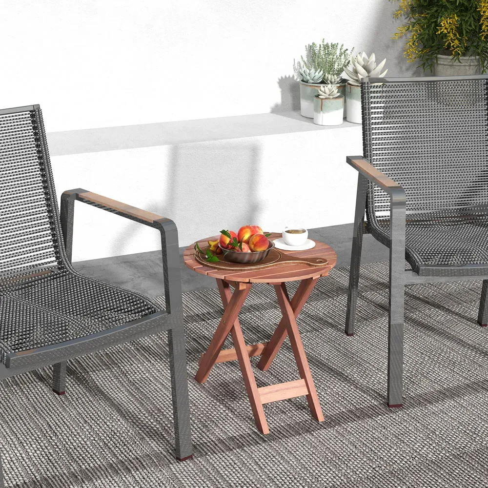 Round Slatted Top Folding Side Table - Cream, Acacia Wood