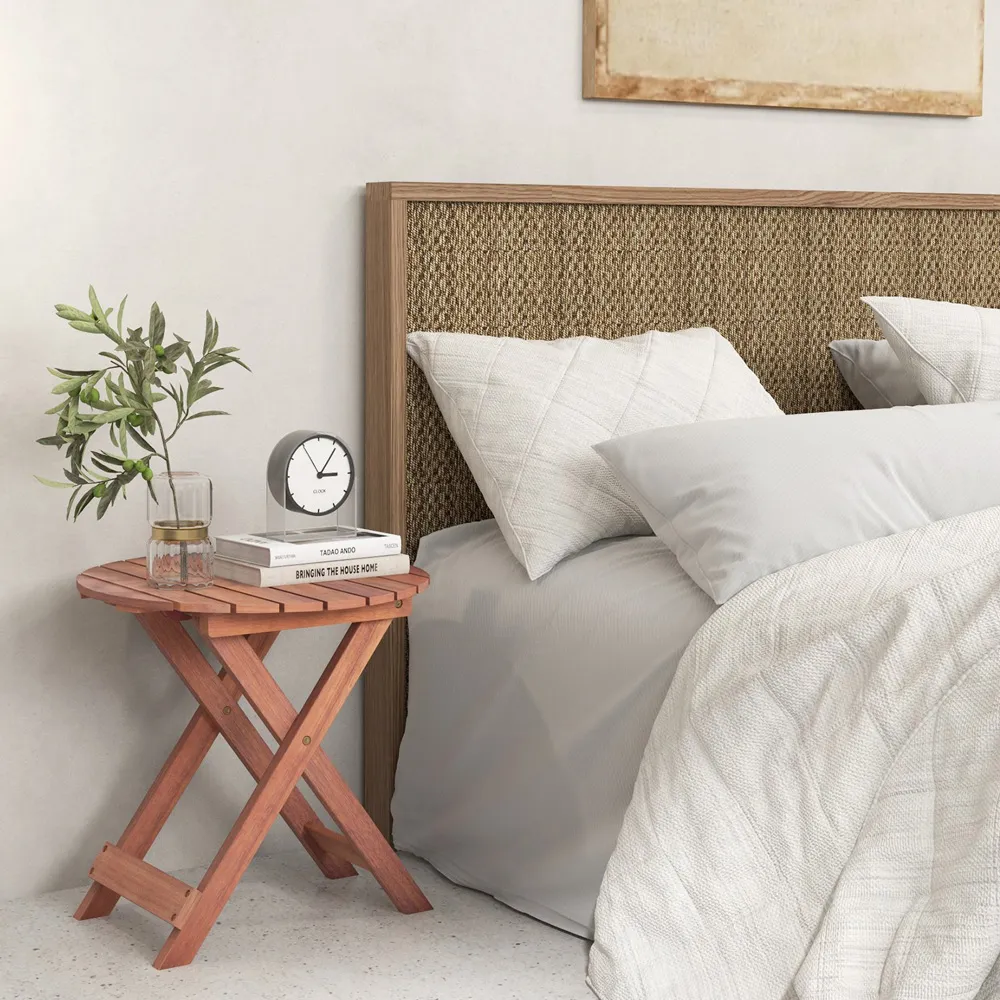 Round Slatted Top Folding Side Table - Cream, Acacia Wood