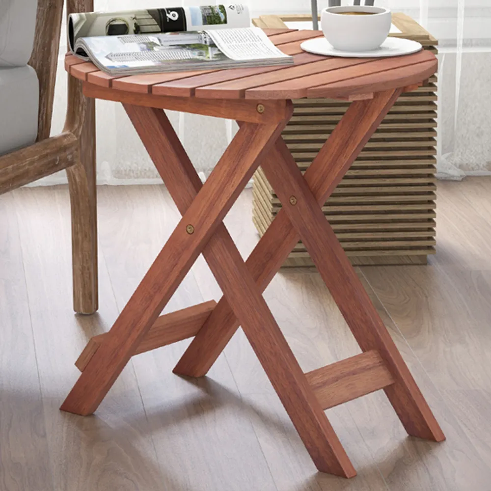Round Slatted Top Folding Side Table - Cream, Acacia Wood image